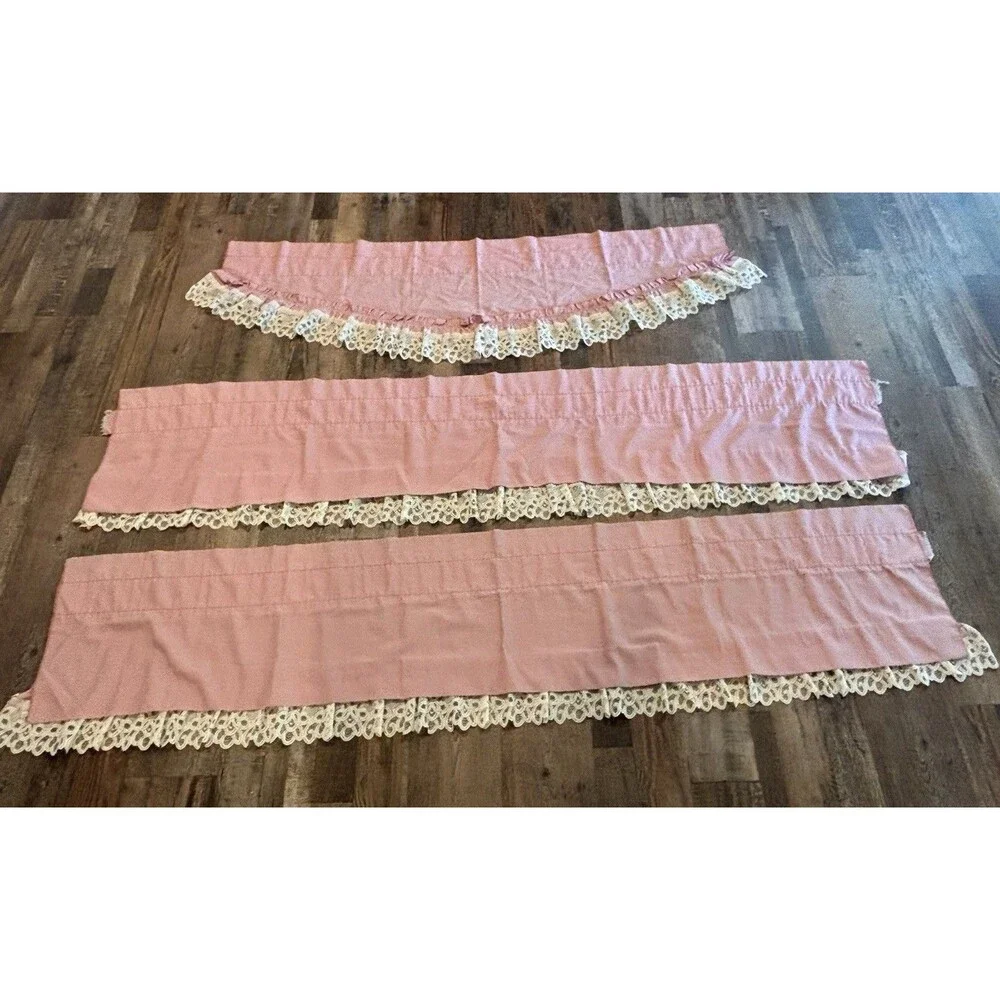 VTG Valance Set Of 3 Mauve Pink 80/90s Ruffle Ivory Lace Trim Cottagecore Granny